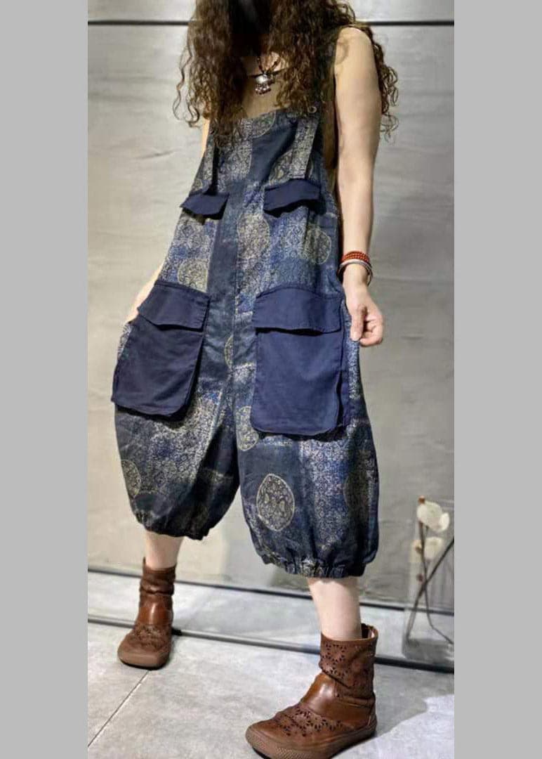 Plus Size Blue Print Oversized Pockets Patchwork Cotton Denim Jumpsuit Summer Retro-JPTS220402