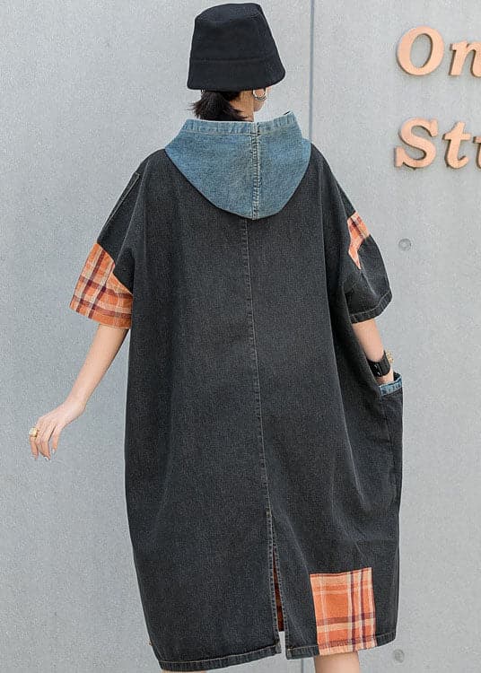 Plus Size Blue hooded Patchwork Plaid Pockets Fall Denim Dresses Half Sleeve OH-FDM210916