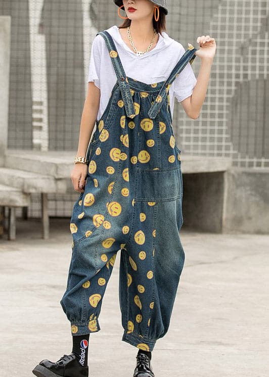 Plus Size Blue smile Print Patchwork Pockets Denim Jumpsuit Sleeveless JDML-JPTS220330
