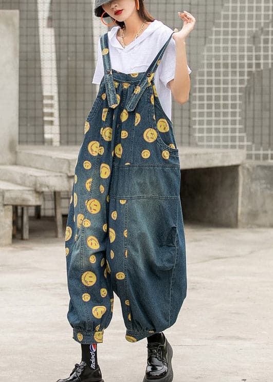 Plus Size Blue smile Print Patchwork Pockets Denim Jumpsuit Sleeveless JDML-JPTS220330