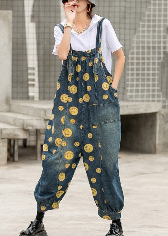 Plus Size Blue smile Print Patchwork Pockets Denim Jumpsuit Sleeveless JDML-JPTS220330