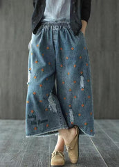 Plus Size Denim Blue Elastic Waist Daisy Embroideried Hole Cotton Straight Pants Summer NZ-CPTS220627