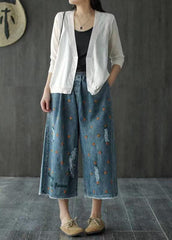 Plus Size Denim Blue Elastic Waist Daisy Embroideried Hole Cotton Straight Pants Summer NZ-CPTS220627