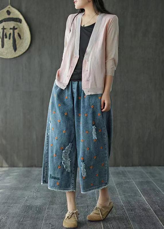 Plus Size Denim Blue Elastic Waist Daisy Embroideried Hole Cotton Straight Pants Summer NZ-CPTS220627