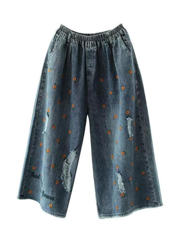 Plus Size Denim Blue Elastic Waist Daisy Embroideried Hole Cotton Straight Pants Summer NZ-CPTS220627
