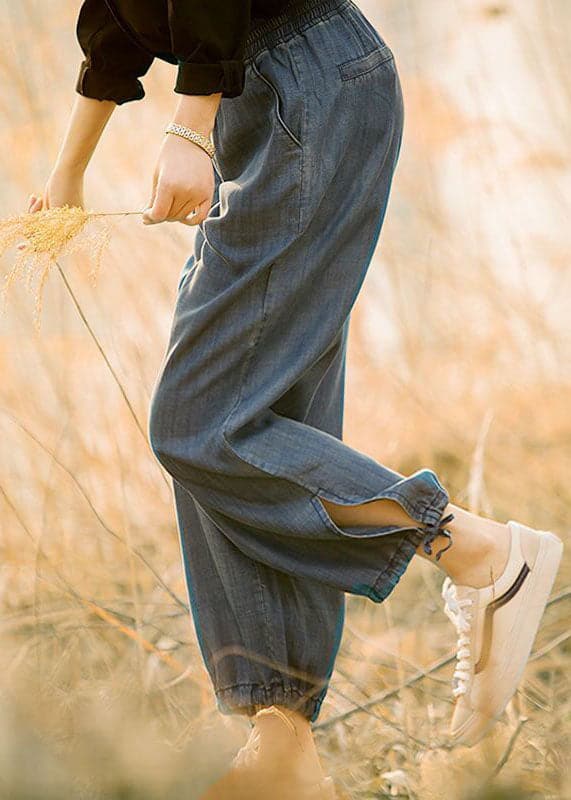 Plus Size Denim Blue Elastic Waist Drawstring Draping Cotton Beam Pants Trousers Summer nz-CPTS220526