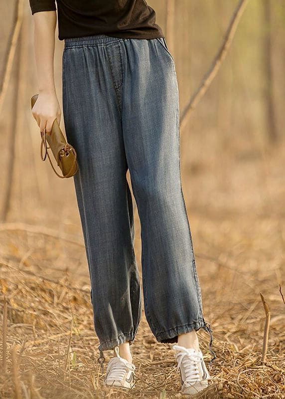 Plus Size Denim Blue Elastic Waist Drawstring Draping Cotton Beam Pants Trousers Summer nz-CPTS220526