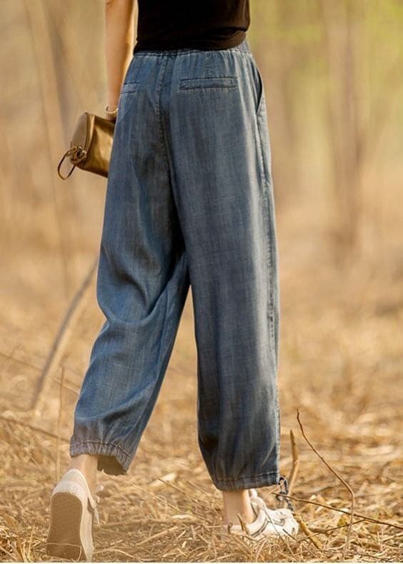 Plus Size Denim Blue Elastic Waist Drawstring Draping Cotton Beam Pants Trousers Summer nz-CPTS220526