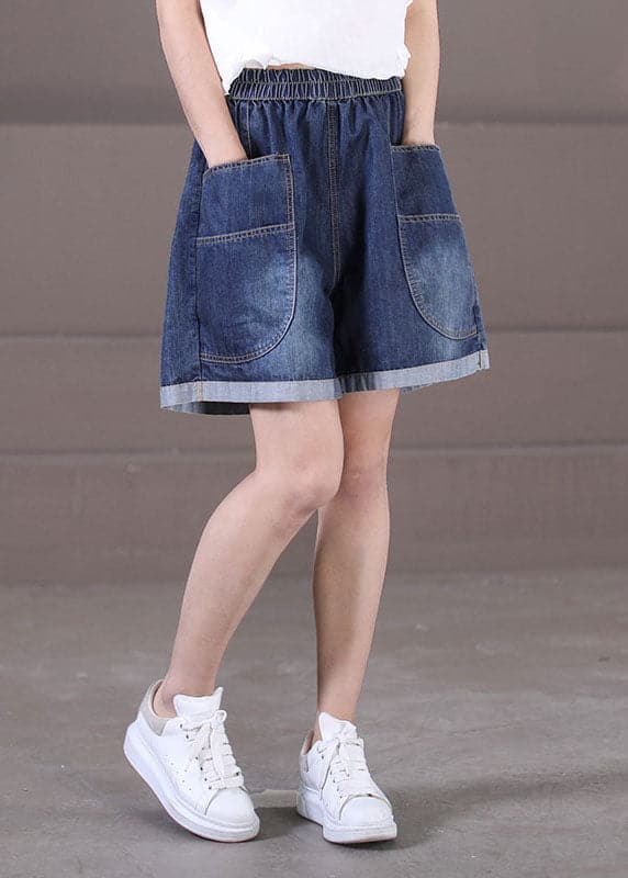 Plus Size Denim Blue Elastic Waist Pockets Cotton Wide Leg Shorts Summer WG-SPTS220714