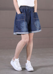 Plus Size Denim Blue Elastic Waist Pockets Cotton Wide Leg Shorts Summer WG-SPTS220714