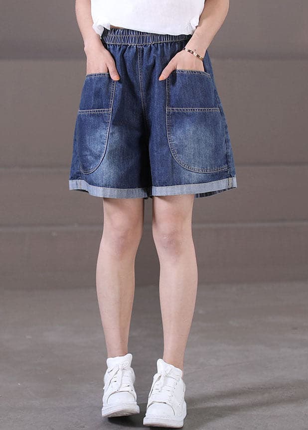 Plus Size Denim Blue Elastic Waist Pockets Cotton Wide Leg Shorts Summer WG-SPTS220714
