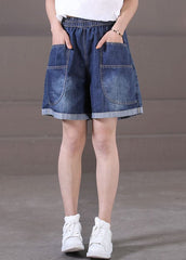 Plus Size Denim Blue Elastic Waist Pockets Cotton Wide Leg Shorts Summer WG-SPTS220714