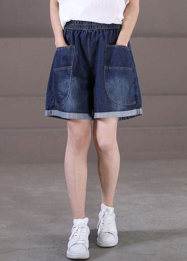 Plus Size Denim Blue Elastic Waist Pockets Cotton Wide Leg Shorts Summer WG-SPTS220714