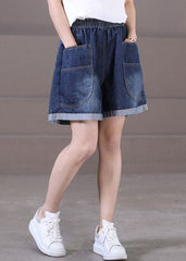Plus Size Denim Blue Elastic Waist Pockets Cotton Wide Leg Shorts Summer WG-SPTS220714