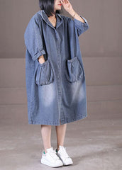Plus Size Denim Blue Hooded Pockets Cotton Long Dress Long Sleeve WG-FDL220722