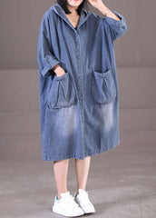 Plus Size Denim Blue Hooded Pockets Cotton Long Dress Long Sleeve WG-FDL220722