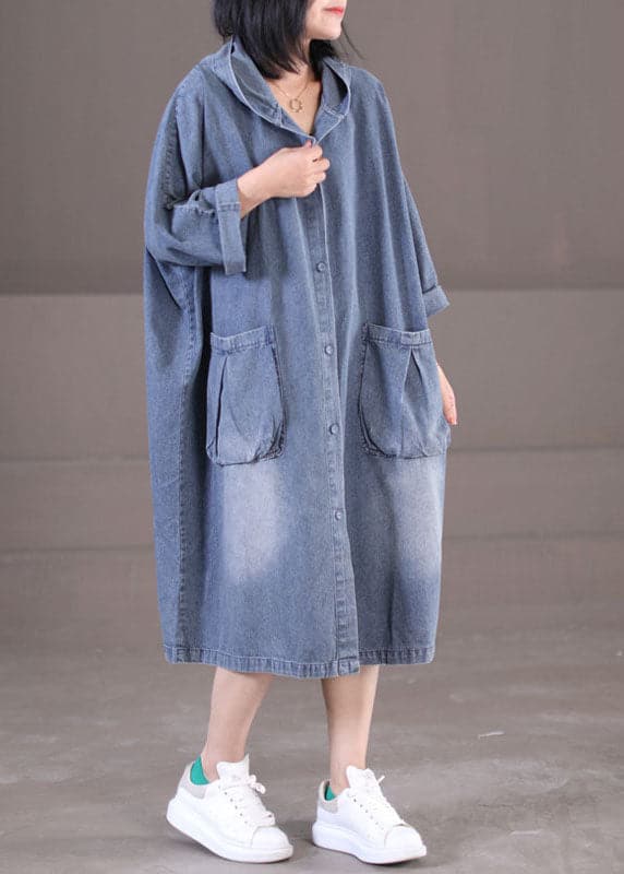 Plus Size Denim Blue Hooded Pockets Cotton Long Dress Long Sleeve WG-FDL220722