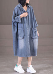 Plus Size Denim Blue Hooded Pockets Cotton Long Dress Long Sleeve WG-FDL220722