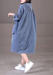 Plus Size Denim Blue Hooded Pockets Cotton Long Dress Long Sleeve WG-FDL220722