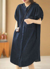 Plus Size Denim Blue O-Neck Pocket Solid Color Cotton Holiday Dress Puff Sleeve XS-SDM220624