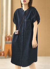 Plus Size Denim Blue O-Neck Pocket Solid Color Cotton Holiday Dress Puff Sleeve XS-SDM220624