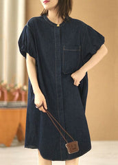 Plus Size Denim Blue O-Neck Pocket Solid Color Cotton Holiday Dress Puff Sleeve XS-SDM220624