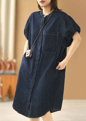 Plus Size Denim Blue O-Neck Pocket Solid Color Cotton Holiday Dress Puff Sleeve XS-SDM220624