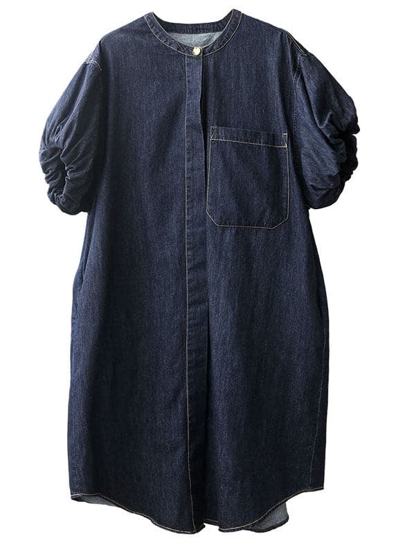 Plus Size Denim Blue O-Neck Pocket Solid Color Cotton Holiday Dress Puff Sleeve XS-SDM220624