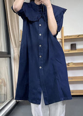 Plus Size Denim Blue Peter Pan Collar Ruffled Cotton Vacation Dresses Short Sleeve GK-SDM220623