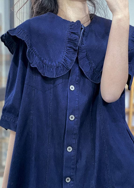 Plus Size Denim Blue Peter Pan Collar Ruffled Cotton Vacation Dresses Short Sleeve GK-SDM220623