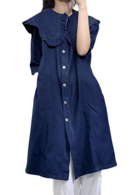 Plus Size Denim Blue Peter Pan Collar Ruffled Cotton Vacation Dresses Short Sleeve GK-SDM220623