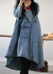 Plus Size Denim Blue U Neck Dress Large Hem Spring Mid Dress FDL210207