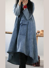 Plus Size Denim Blue U Neck Dress Large Hem Spring Mid Dress FDL210207