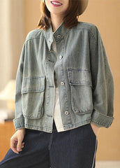 Plus Size Light Blue Pockets Button Fall Denim Long Sleeve Coat XS-CTS210901