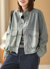 Plus Size Light Blue Pockets Button Fall Denim Long Sleeve Coat XS-CTS210901