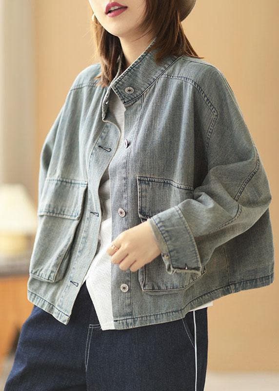 Plus Size Light Blue Pockets Button Fall Denim Long Sleeve Coat XS-CTS210901