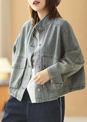 Plus Size Light Blue Pockets Button Fall Denim Long Sleeve Coat XS-CTS210901