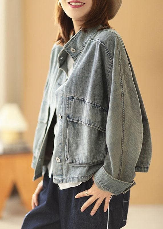 Plus Size Light Blue Pockets Button Fall Denim Long Sleeve Coat XS-CTS210901