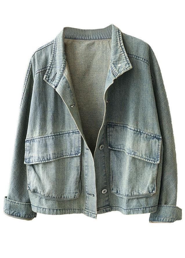 Plus Size Light Blue Pockets Button Fall Denim Long Sleeve Coat XS-CTS210901