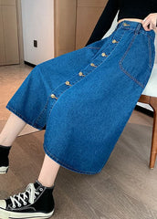 Plus Size Navy Elastic Waist Button Exra Large Hem Cotton Denim Skirt Summer nz-SKTS220524