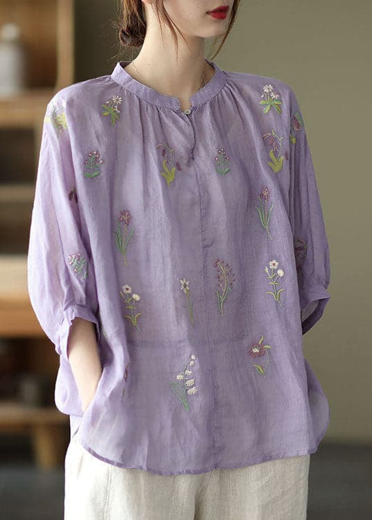 Plus Size Purple Embroideried Loose Fall Three Quarter sleeve Top GK-HTP211019