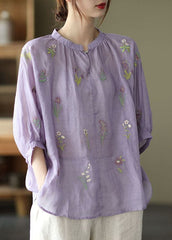 Plus Size Purple Embroideried Loose Fall Three Quarter sleeve Top GK-HTP211019