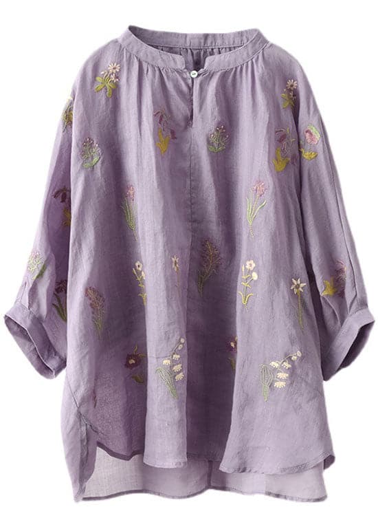 Plus Size Purple Embroideried Loose Fall Three Quarter sleeve Top GK-HTP211019