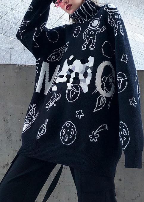 Pullover black Letter knit blouse high neck Loose fitting sweaters AT-NTP201105