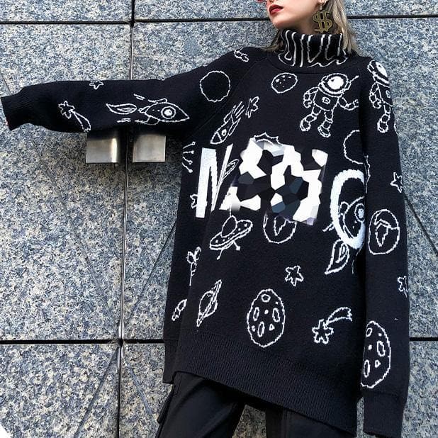 Pullover black Letter knit blouse high neck Loose fitting sweaters AT-NTP201105