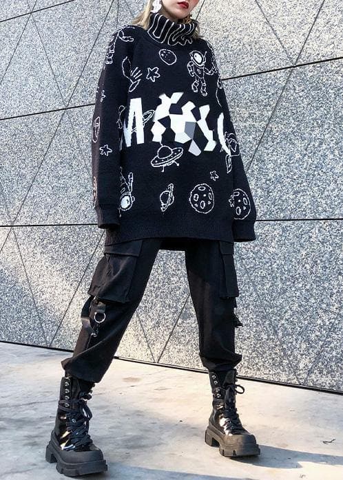 Pullover black Letter knit blouse high neck Loose fitting sweaters AT-NTP201105