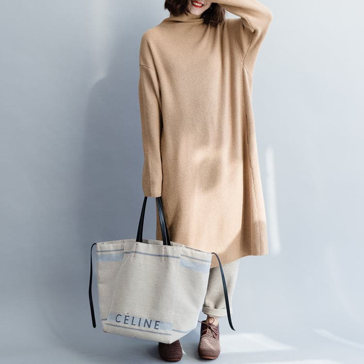 Pullover khaki Sweater dress outfit Moda Hipster high neck baggy knit dress NSD181220