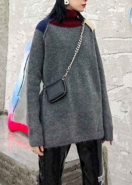 Pullover patchwork gray knitwear plus size clothing high neck knit tops AT-NTP191203