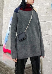 Pullover patchwork gray knitwear plus size clothing high neck knit tops AT-NTP191203