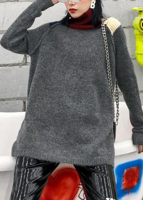 Pullover patchwork gray knitwear plus size clothing high neck knit tops AT-NTP191203
